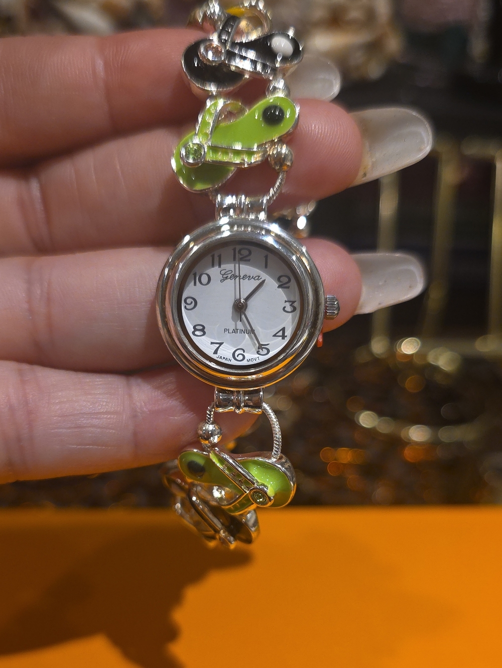 Geneva Silver Bracelet Watch with Bright Green Enamel Accents